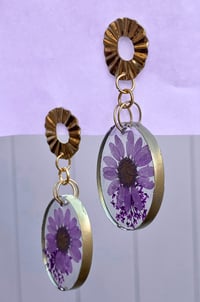 Image 3 of Gold Plated Earrings. Handmade/Painted with Real Flowers. Purple Daisy.