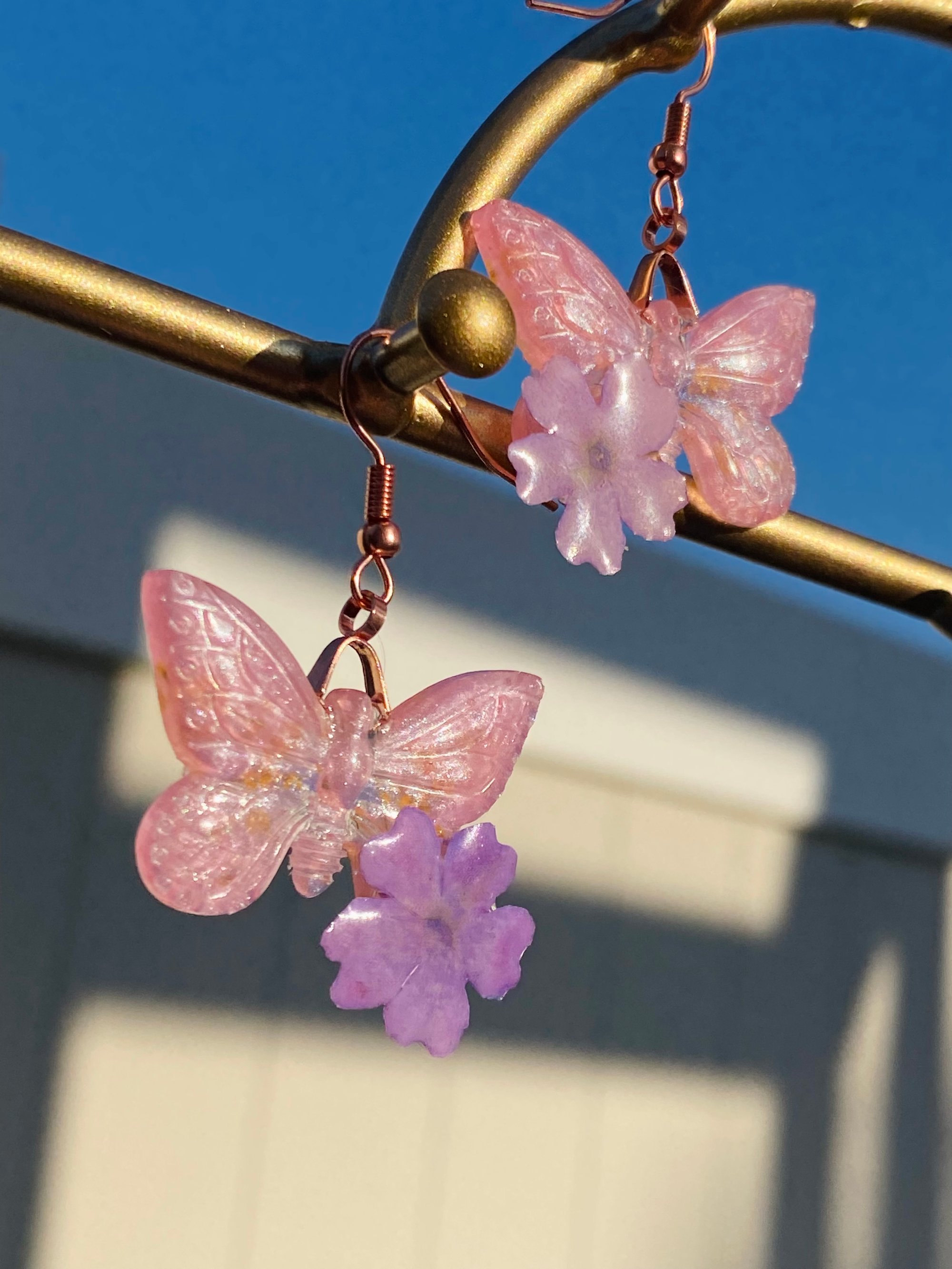 Pink Resin Butterfly Shaped Earrings with Real Rose Gold