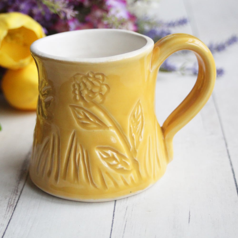 Image of Hand Carved Cheerful Yellow and White Stoneware Mug, Hand Carved Pottery Mug, Made in USA