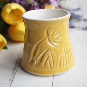 Image of Hand Carved Cheerful Yellow and White Stoneware Mug, Hand Carved Pottery Mug, Made in USA