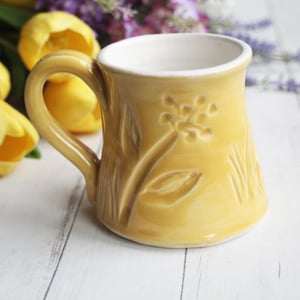 Image of Hand Carved Cheerful Yellow and White Stoneware Mug, Hand Carved Pottery Mug, Made in USA