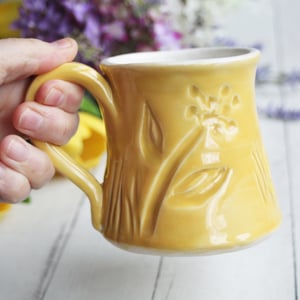 Image of Hand Carved Cheerful Yellow and White Stoneware Mug, Hand Carved Pottery Mug, Made in USA