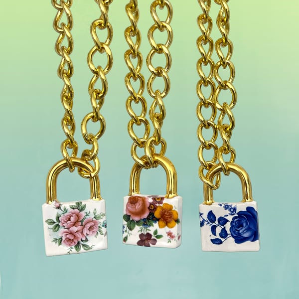 Image of Large Floral Padlock Chokers with 22Kt Gold