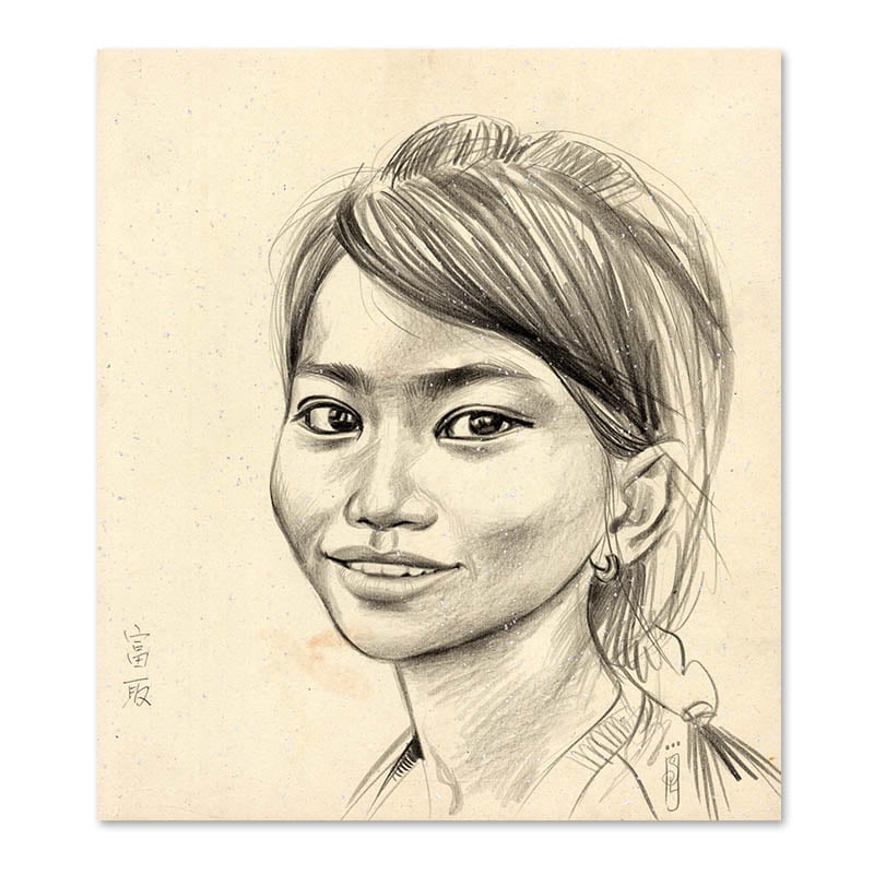 Image of Original Drawing - "Fillette en visite au Bayon" - Cambodge - 24x27 cm