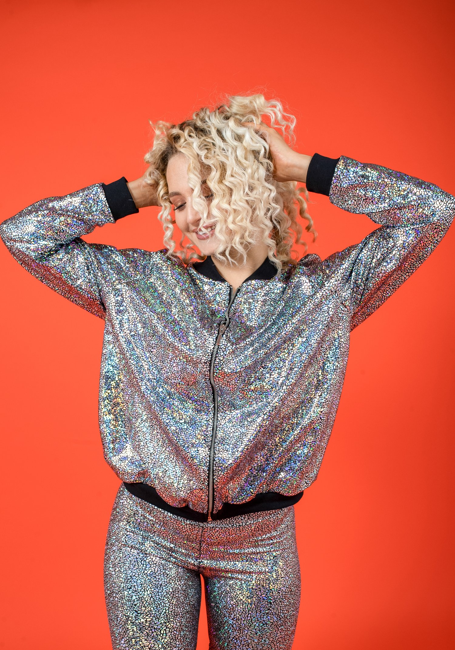 Image of Womens Silver Disco Bomber Holographic Jacket