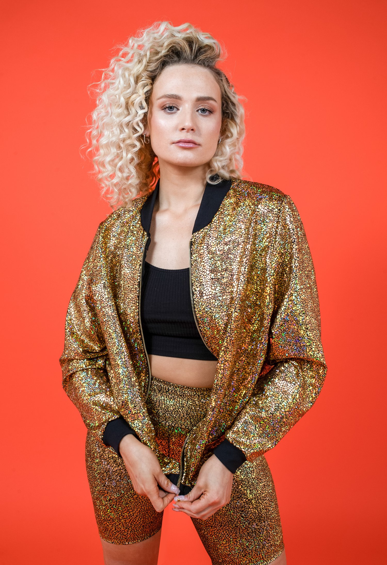 Tirade 13 — Womens Gold Disco Holographic Bomber Jacket