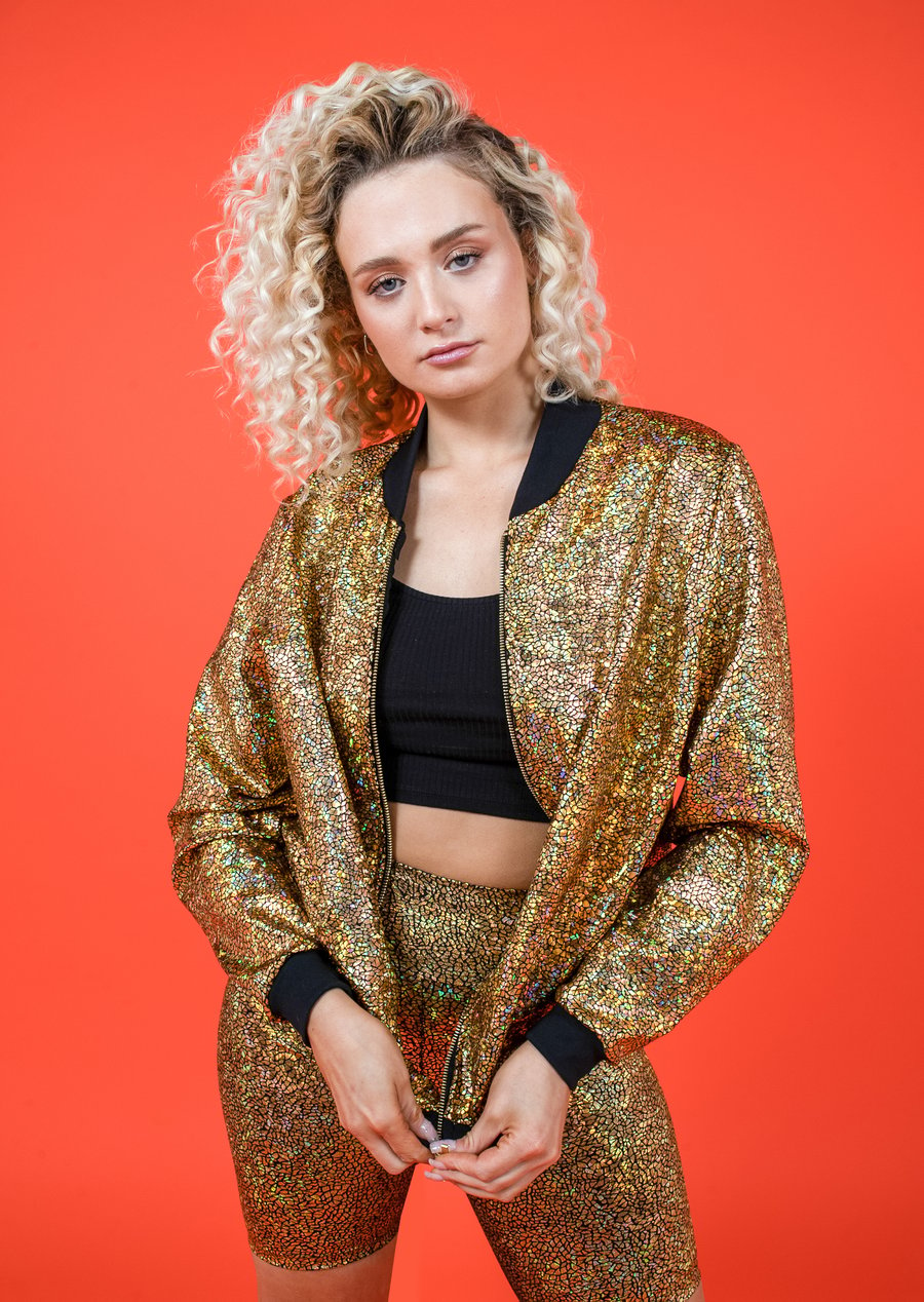 Image of Womens Gold Disco Holographic Bomber Jacket