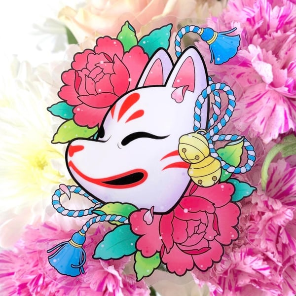 Image of CLEAR Kitsune and Peonies STICKER