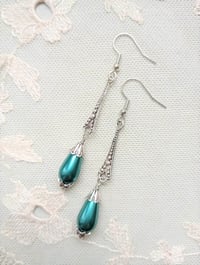 Image 4 of 1920s Art Deco Pearl Teardrop Earrings, Teal