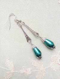 Image 6 of 1920s Art Deco Pearl Teardrop Earrings, Teal