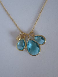 Image 1 of Meghan Markle Duchess of Sussex Inspired 3 Aquamarine Teardrop Pendant Necklace Yellow Gold Silver 