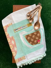 Image 1 of Flour Sack Towel, Mint Mixer, Pale Pink Fabric with Mustard and Brown