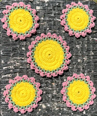 Image 1 of Pink and Yellow Flower Bouquet Coaster Set
