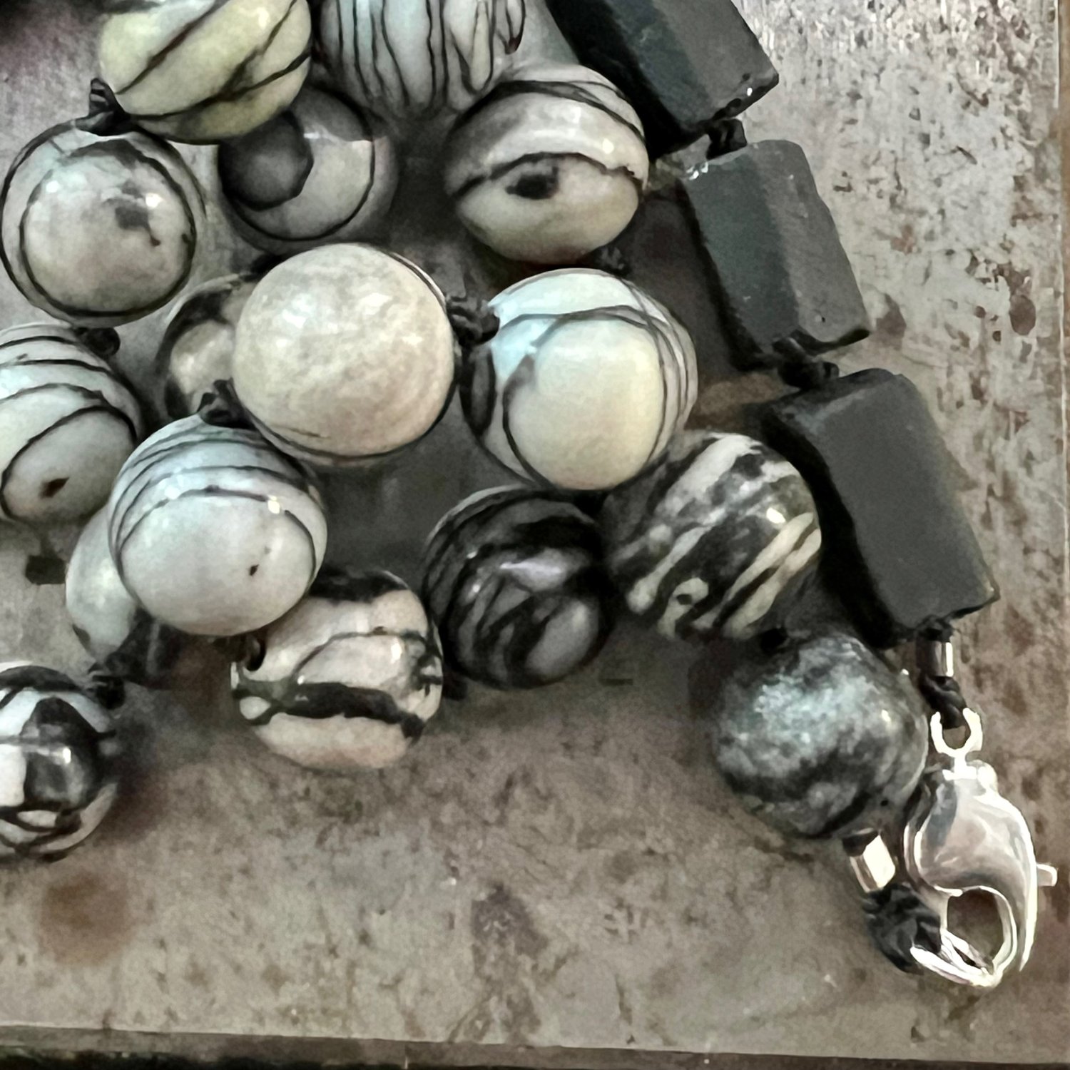 Image of Black Spider Web Jasper & Tourmaline Hand-tied Necklace