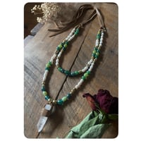 Image 2 of The Ariella Necklace - Pearleascent Green Glass Beads Pearls Brass and Quartz Necklace  