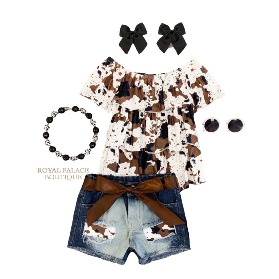 Girl's Cow Print Ruffle Top + Denim Shorts Set
