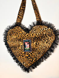 Image 1 of Heart-Shaped Leopard Print Bag – “Menace to Society” Patch with Black Ruffle Edge