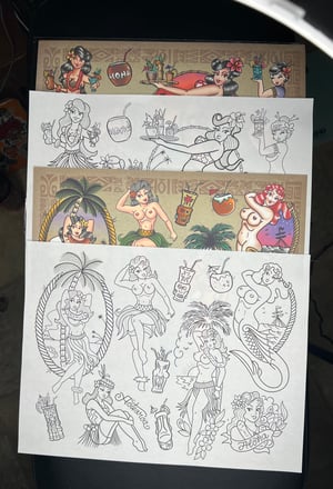 Image of 11”x14” Tiki Pinup Flash 2 Sheet Set with stencil line sheets 