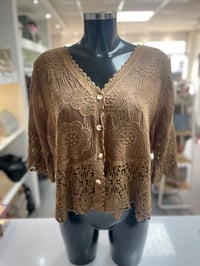 Image 2 of Embroidered Button Front Crochet Trim Top 