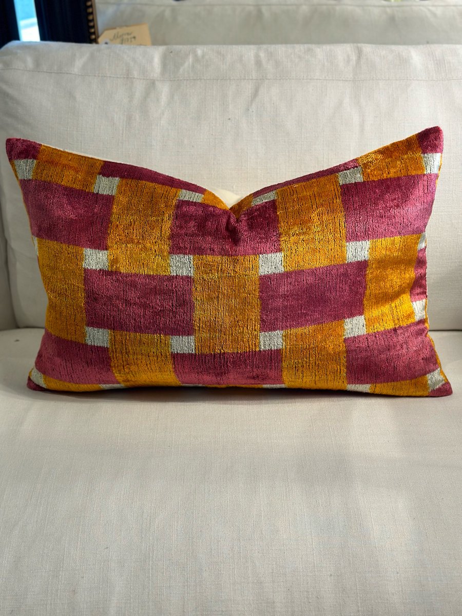 Image of Ikat Velvet Cushion Orange and Rose Basketweave 