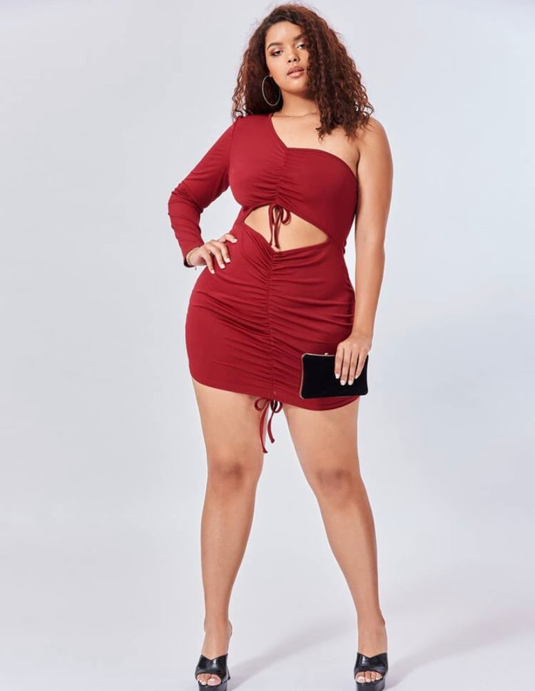Image of One Shoulder Drawstring Ruched Front Peekaboo Bodycon Dress