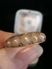 Image 4 of Victorian 18ct Cultured pearl 5 stone gypsy ring in original velvet fitted box