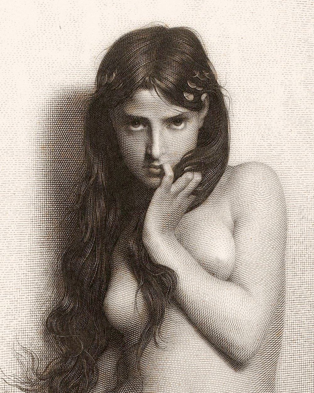 "Young naked woman as 'La Cigale'." (1874)