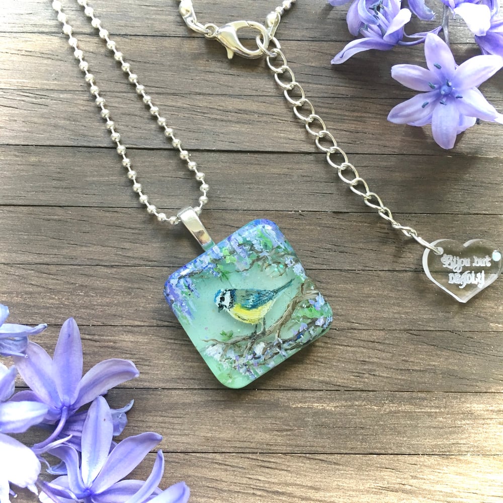 Blue Tit on Wisteria Resin Pendant