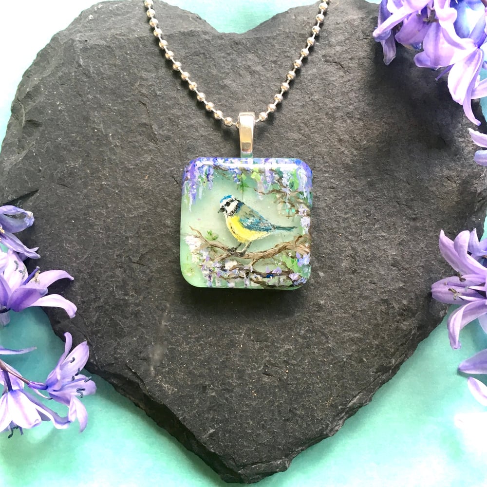 Blue Tit on Wisteria Resin Pendant