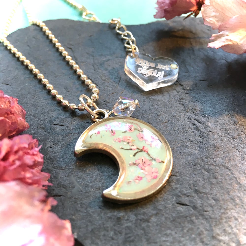 Cherry Blossom Turquoise Moon Minimalist Resin Pendant