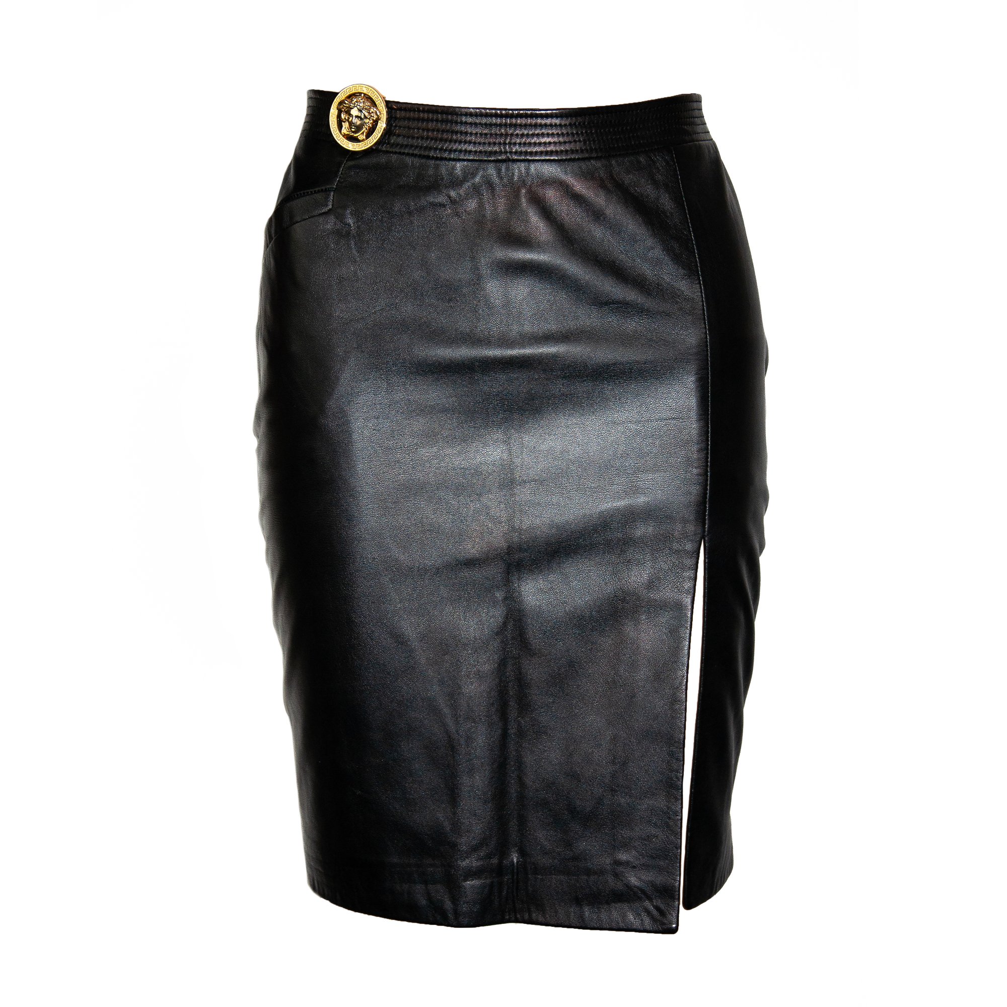 Image of Versace Black Leather Thigh Slit Skirt