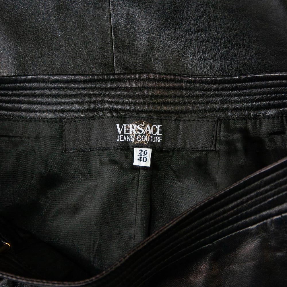 Image of Versace Black Leather Thigh Slit Skirt