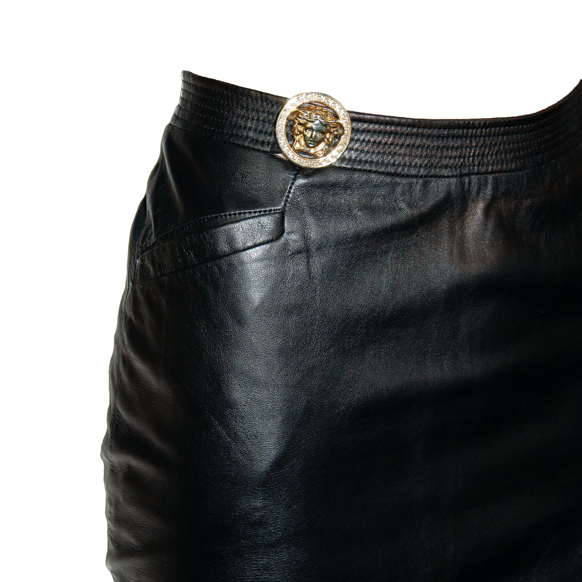Image of Versace Black Leather Thigh Slit Skirt