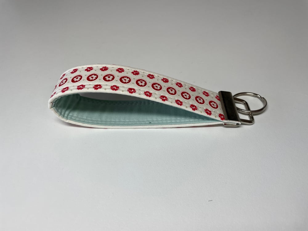 Image of White with small red flowers fabric key fobs - Free Shipping!
