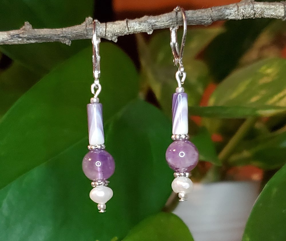 Image of Wampum Earrings with Amethysts & Pearls