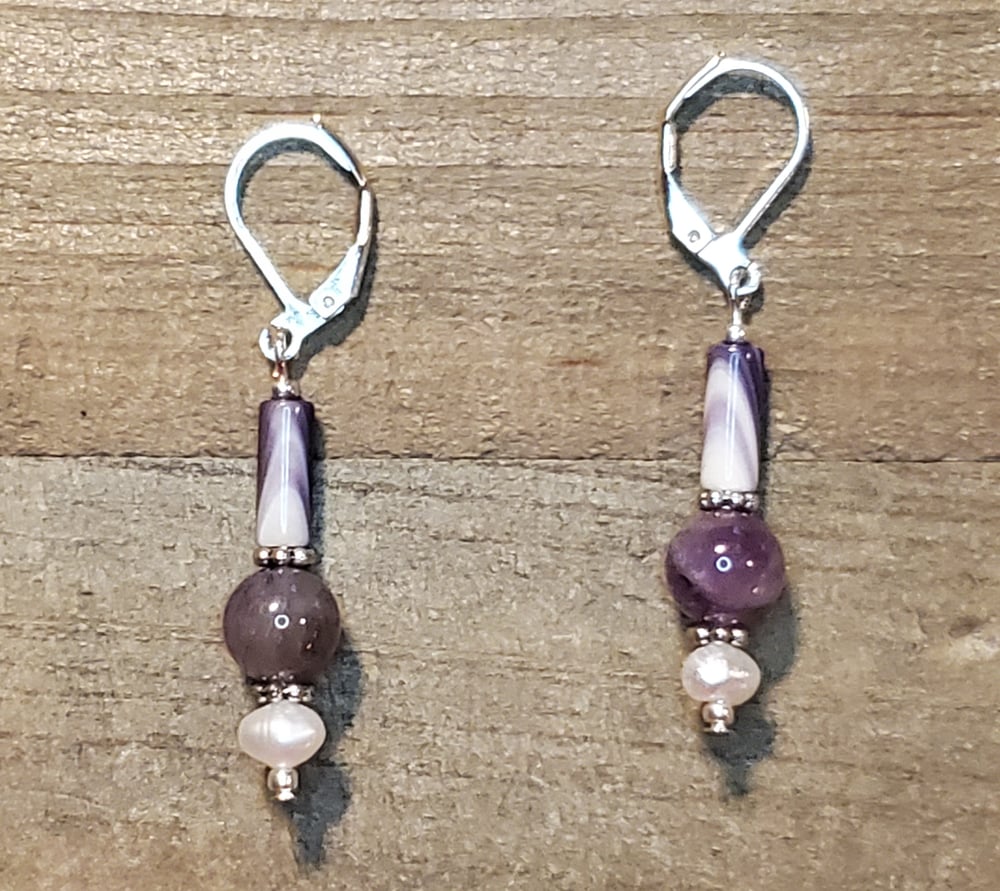 Image of Wampum Earrings with Amethysts & Pearls