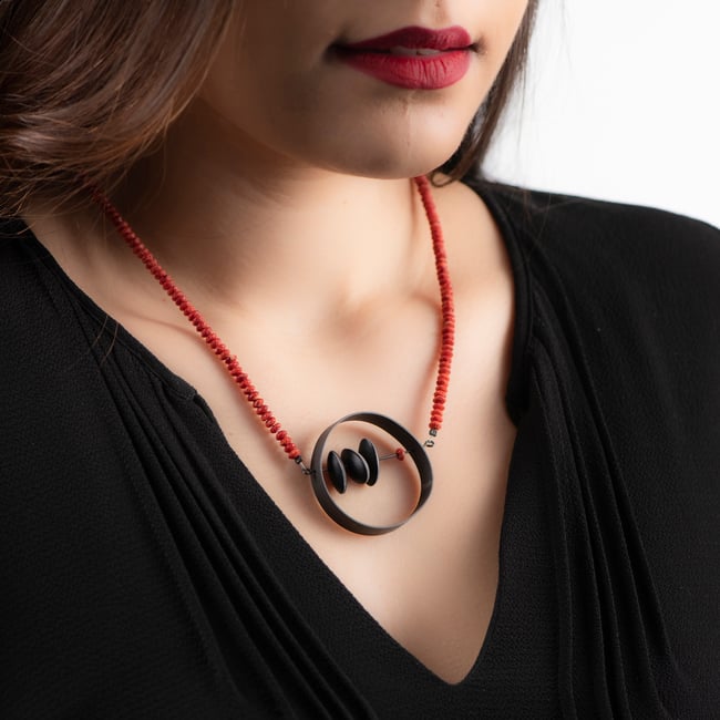 NECKLACE silver 925 -  coral & artificial bone, Earth And Sky 2023, #036- 15