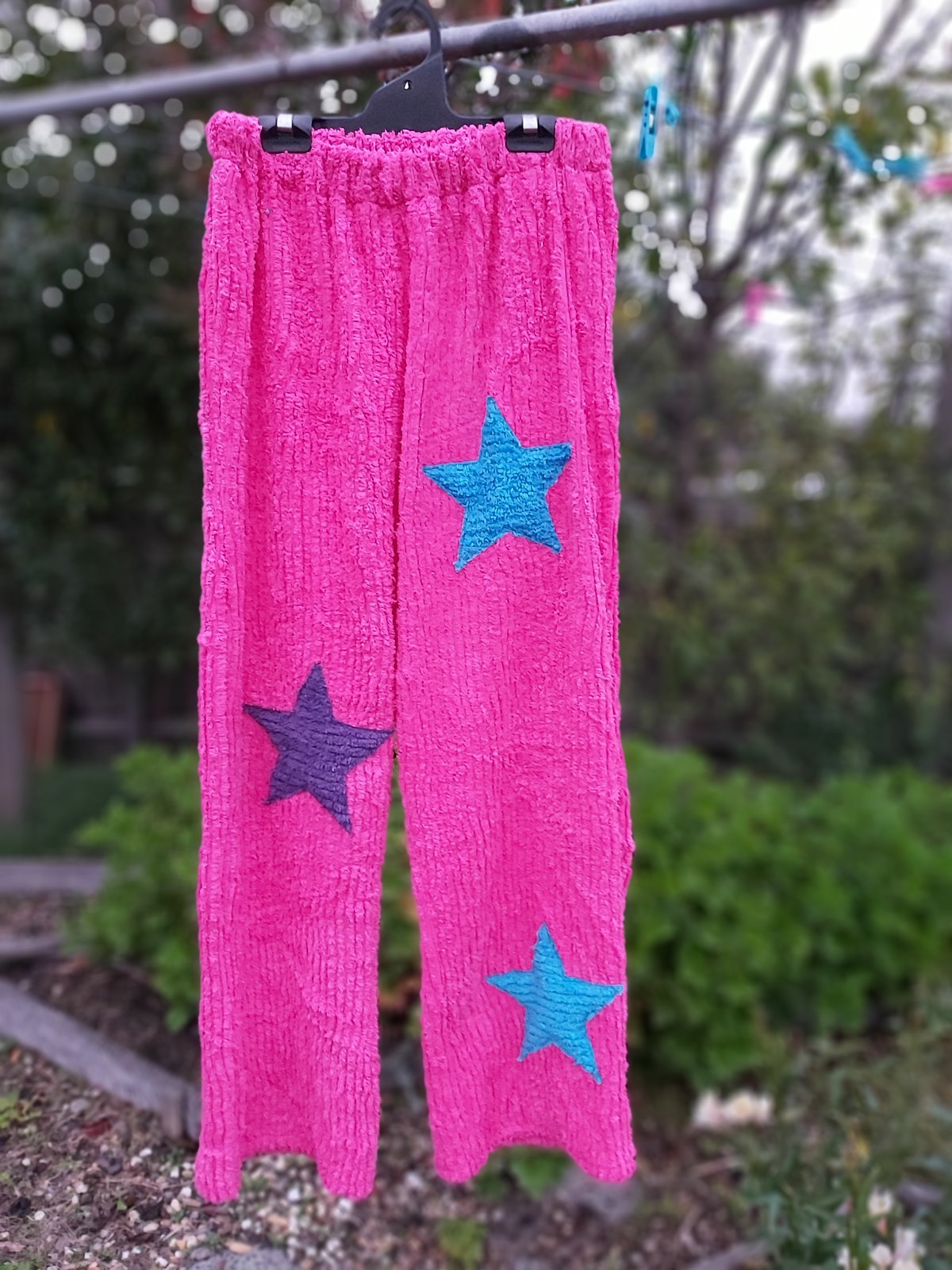 Image of Pink Chenille star pants - blue and purple stars