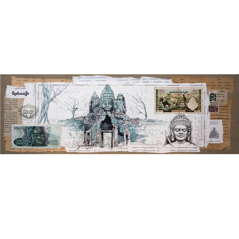 Image of Original Painting - "La porte Est d'Angkor Thom" - Cambodge - 30x90 cm