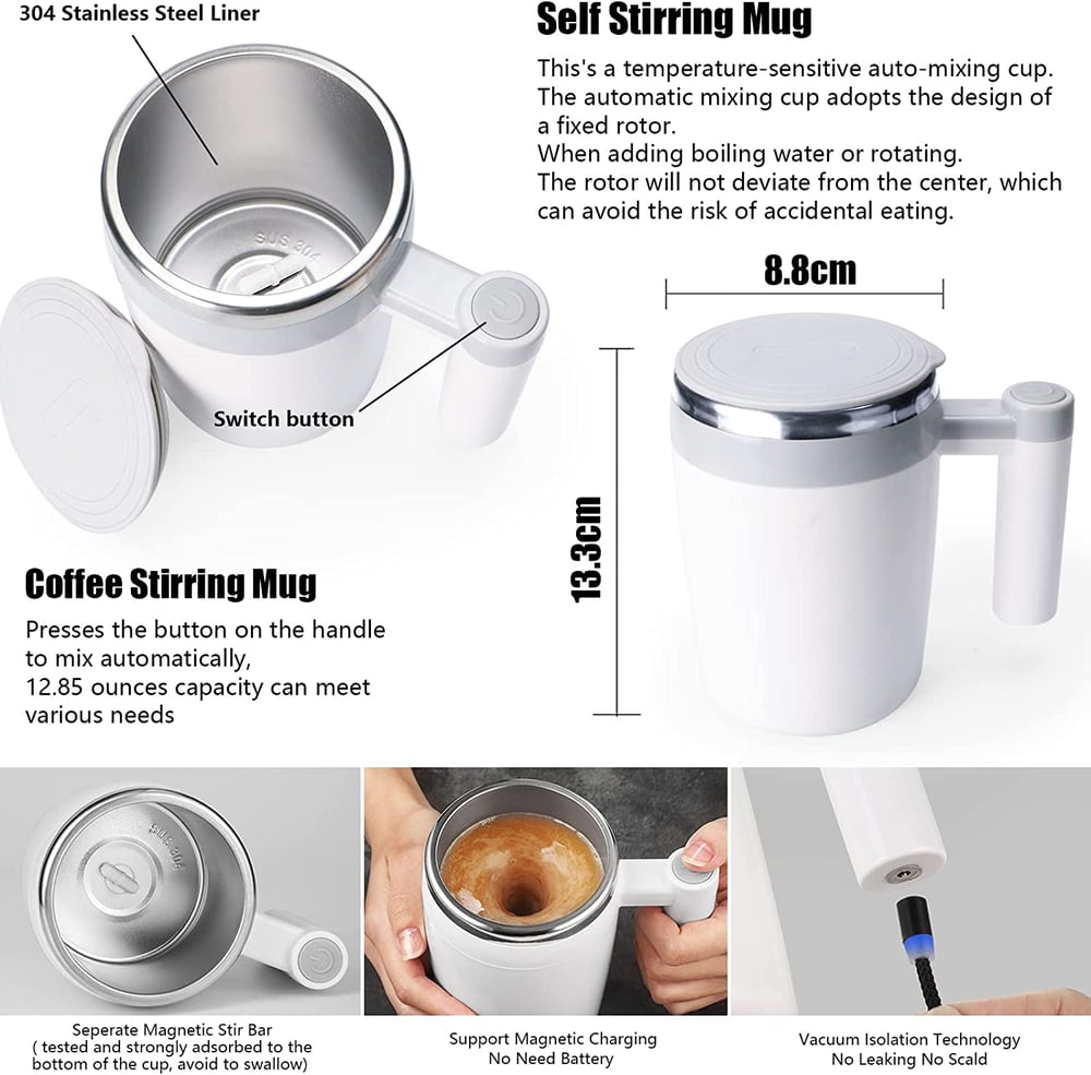 Image of FCSWEET Self Stirring Mug,Rechargeable Auto Magnetic Coffee Mug with 2Pc Stir Bar,Waterproof Automat