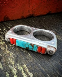 Image 1 of WL&A Handmade Sterling Silver Royston & Red Coral Knuckle Duster - Size 6.5 to 7