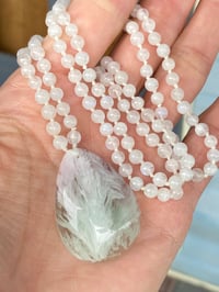Image 2 of Moonstone Hand Knotted Gemstone Necklace with Scolecite in Fluorite Pendant