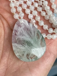 Image 4 of Moonstone Hand Knotted Gemstone Necklace with Scolecite in Fluorite Pendant