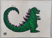 Medieval Godzilla hand-coloured woodcut print