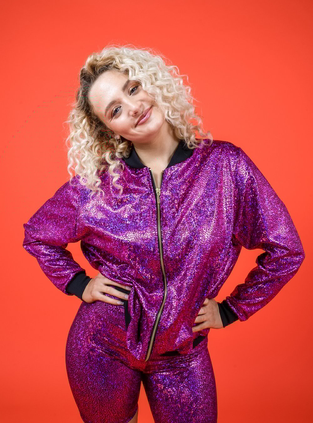 Image of Women's Pink Holographic Disco Bomber Jacket