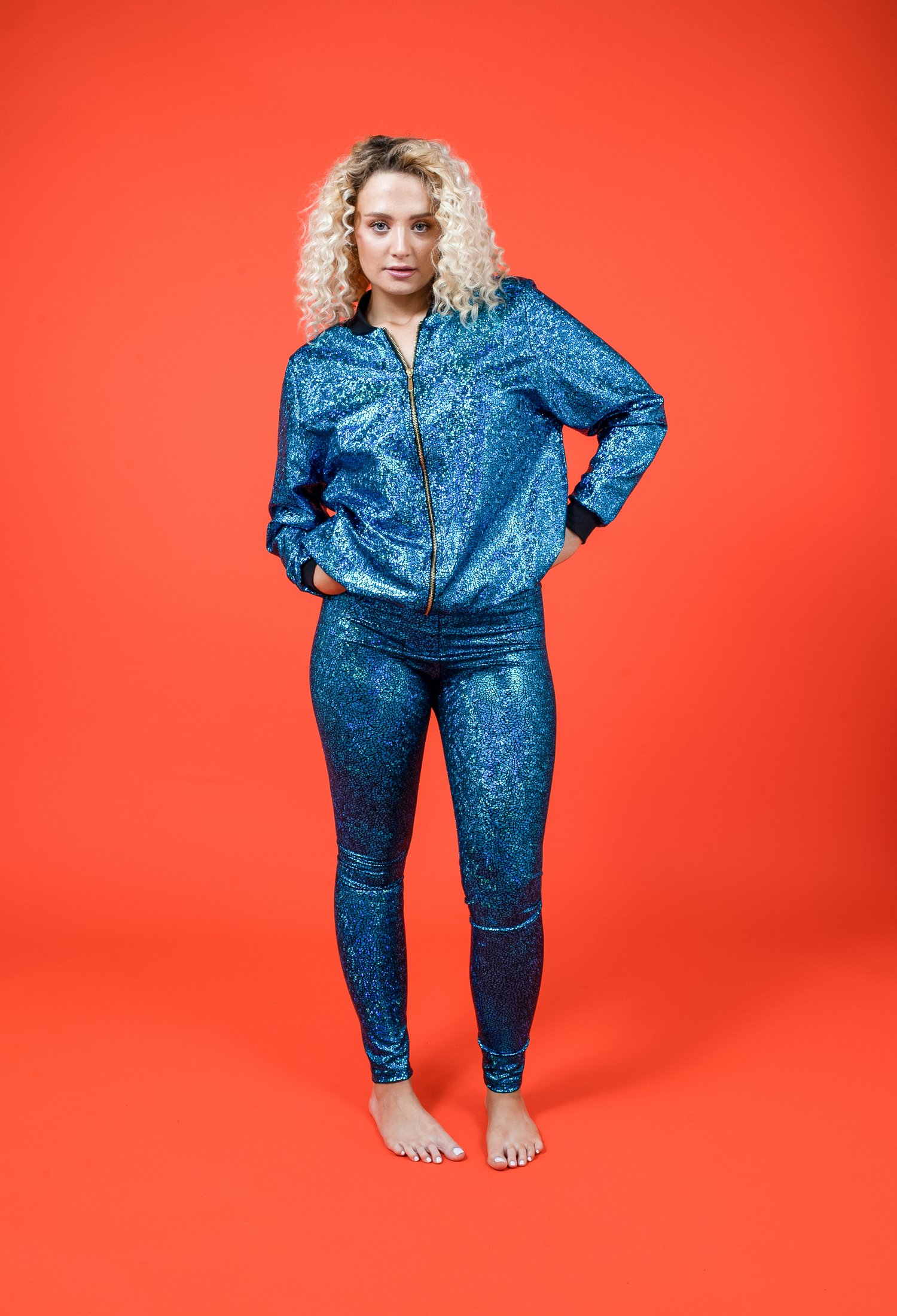 Image of Women's Turquoise Holographic Disco Bomber Jacket