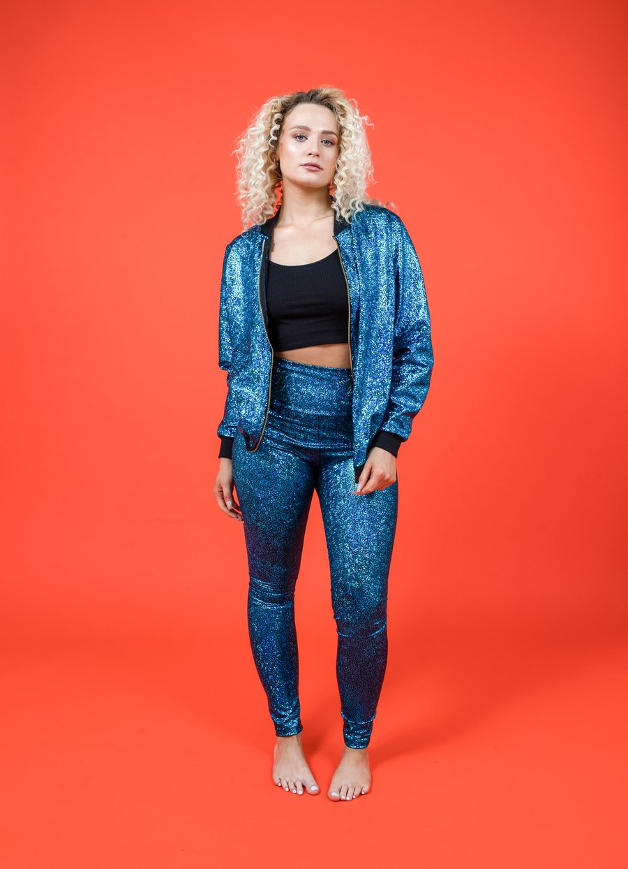 Image of Women's Turquoise Holographic Disco Bomber Jacket