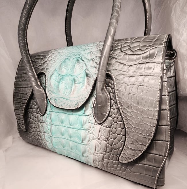 Gray and Aqua Croc Print Hand Bag