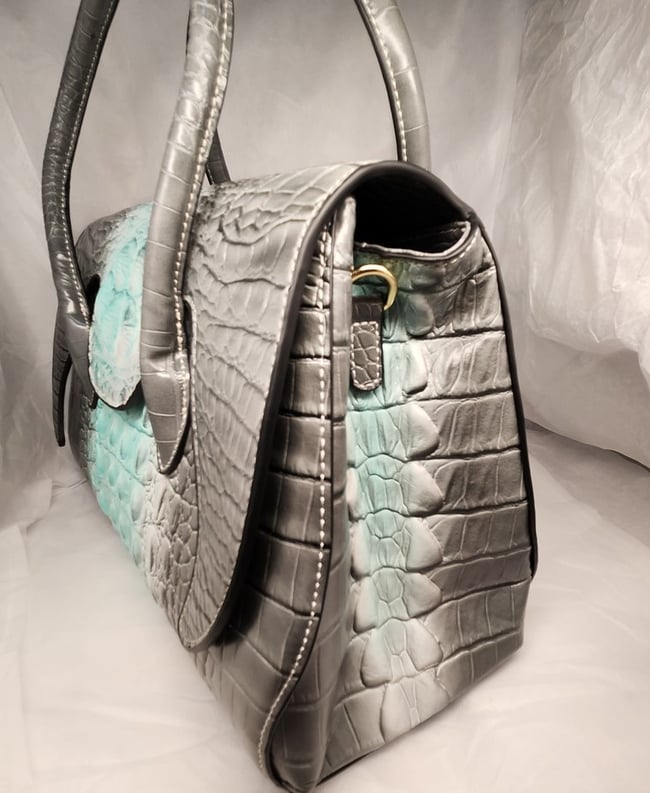Gray and Aqua Croc Print Hand Bag