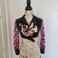 Image 1 of Judas Priest crop top with lipstick print mesh sleeves size XS-S (petite)
